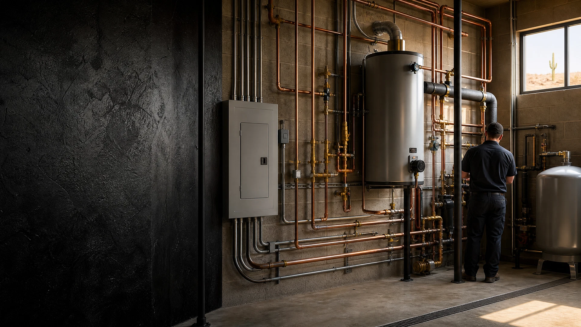 Copper plumbing controls and clean mechanical-room pipework