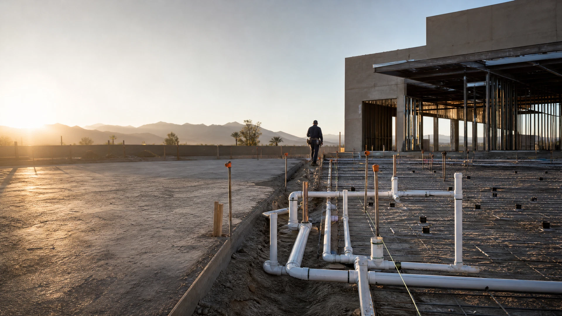 Phoenix construction slab with organized plumbing rough-in lines