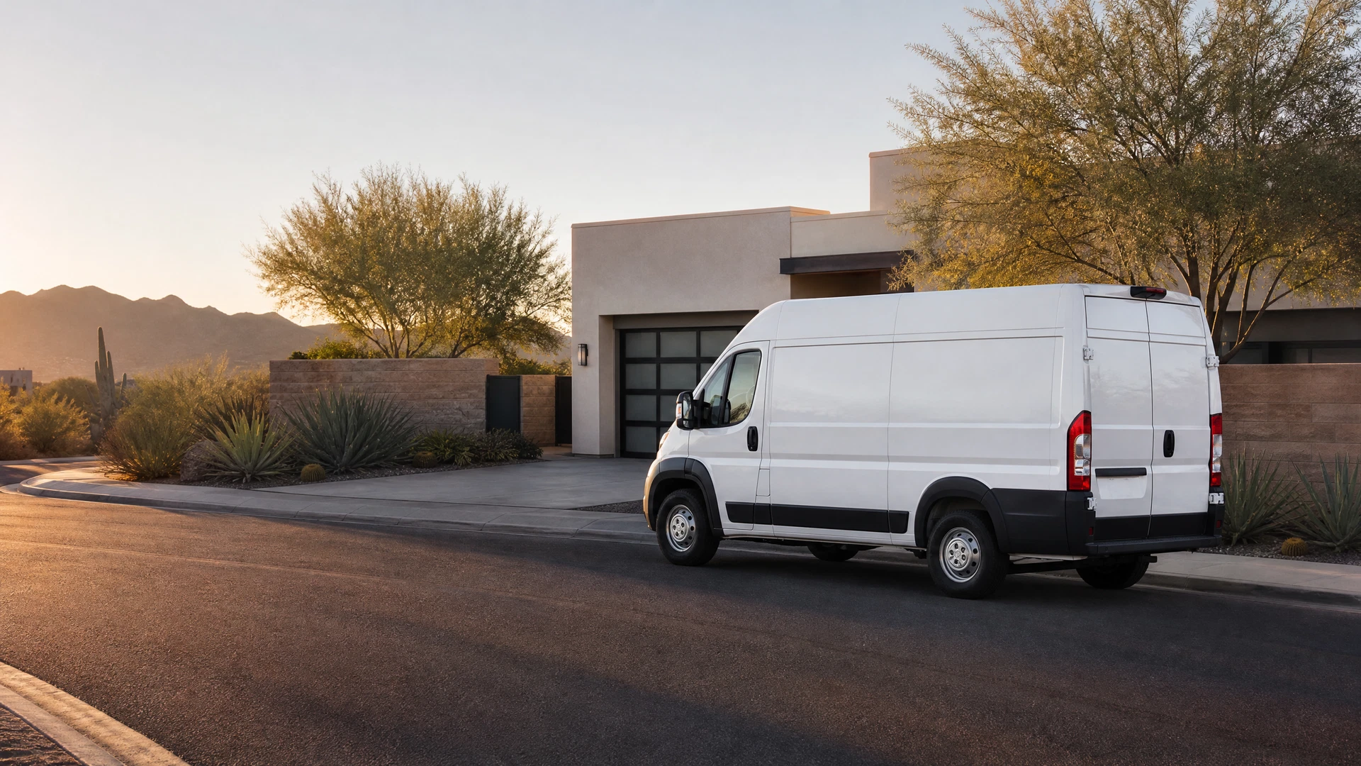 Unmarked white plumbing service van parked outside an upscale Phoenix home
