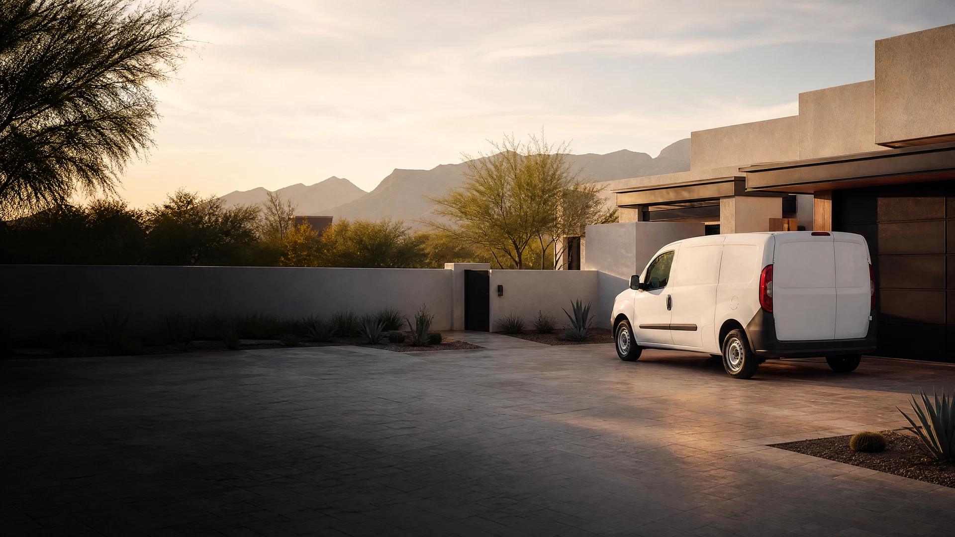 Unmarked white plumbing service van parked outside an upscale Phoenix home