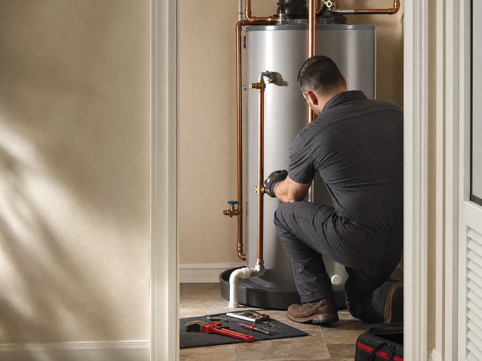 Plumber checking a tank water heater and copper connections in a Phoenix utility closet